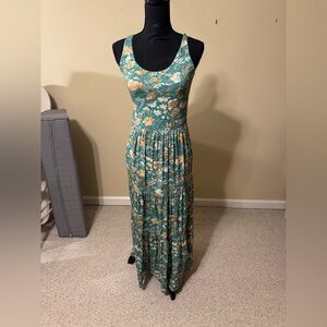 Peruvian Connection Teal Floral Scoop-Neck Maxi Dress